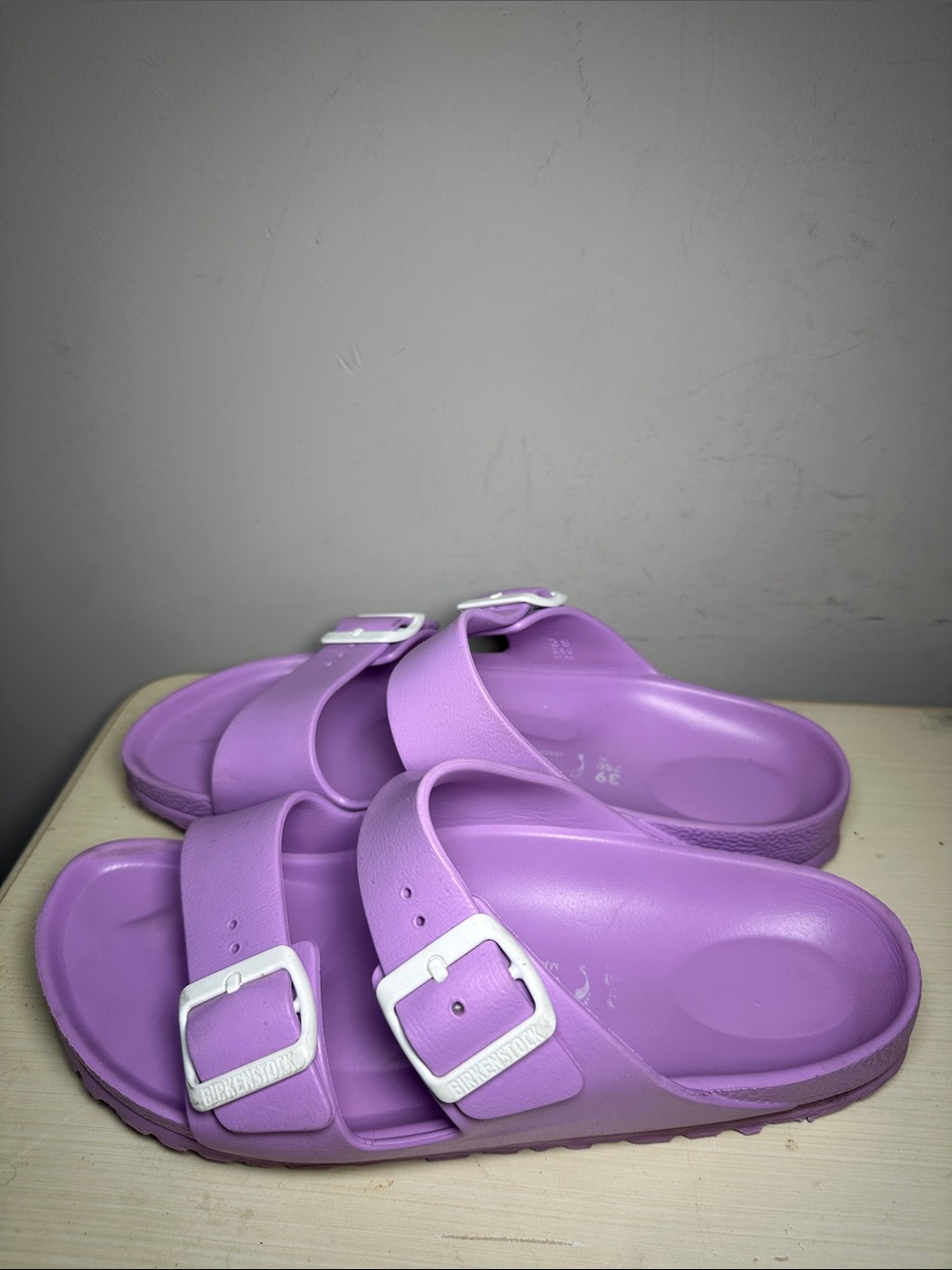 Birkenstock light Purple with white buckles two strap Slide rubber Sandals
